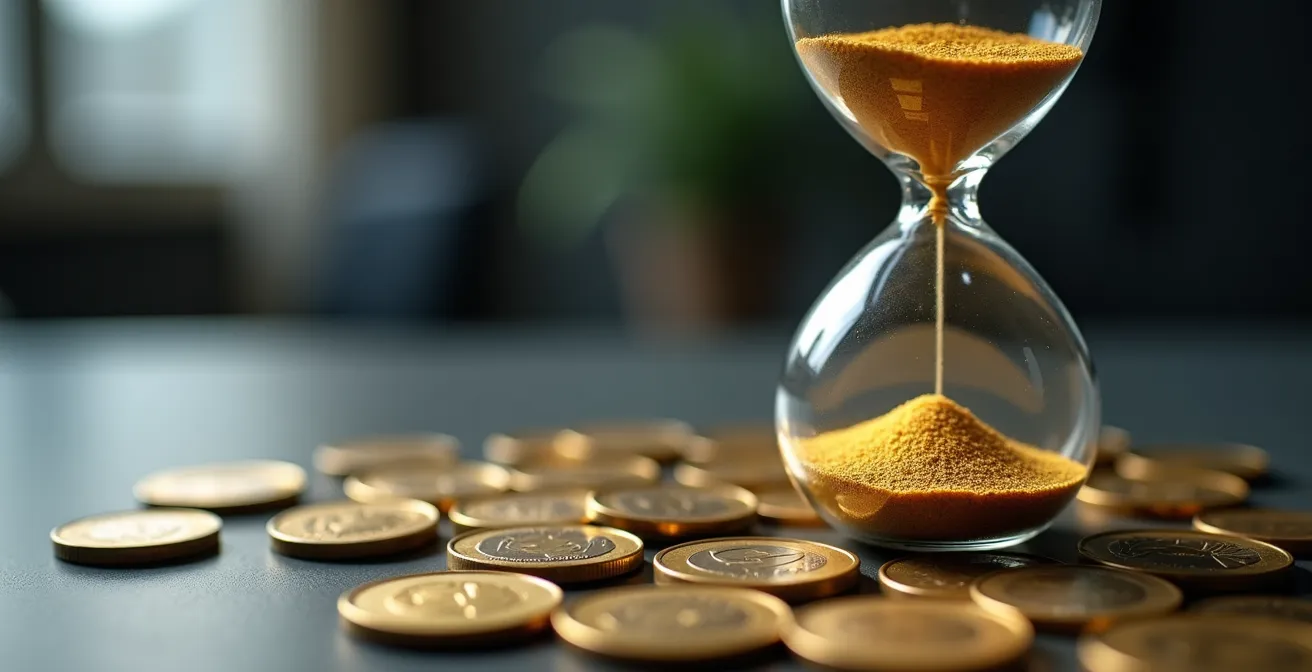 Sablier avec pièces d'euros représentant le coût du temps passé