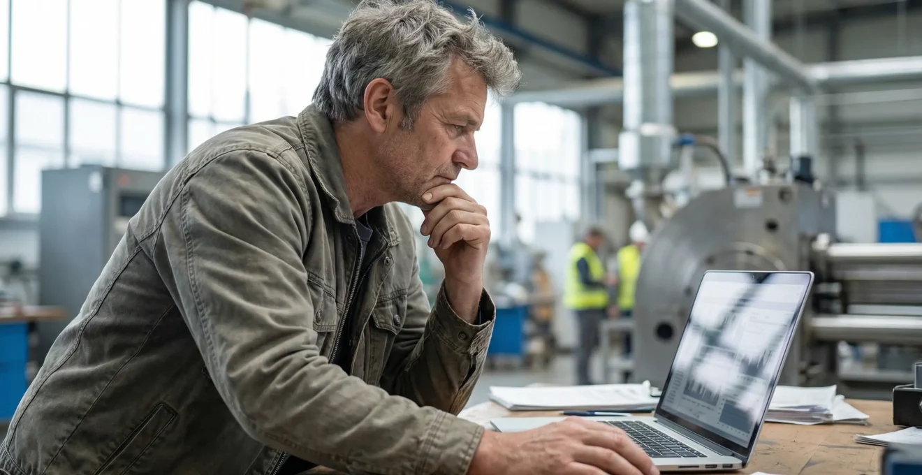 Dirigeant PME analysant des données énergétiques sur écran dans environnement industriel