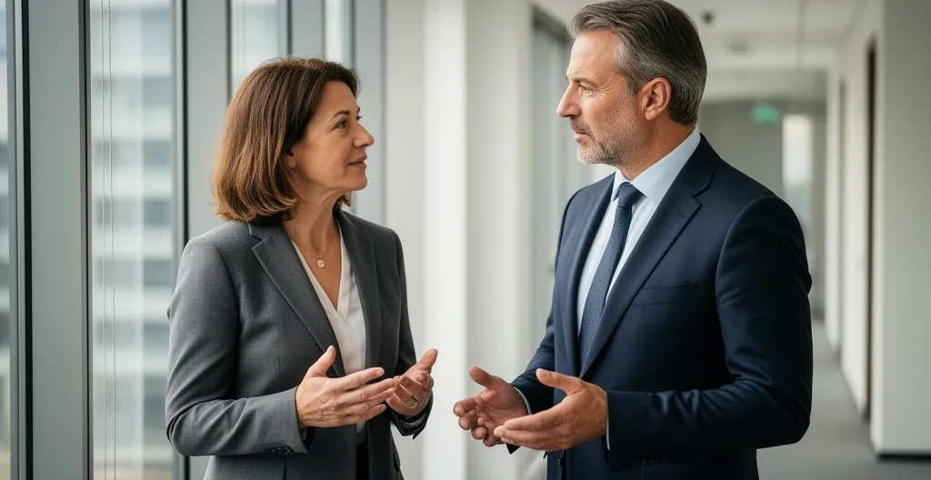 Deux professionnels discutant stratégie énergétique dans un environnement de bureau moderne