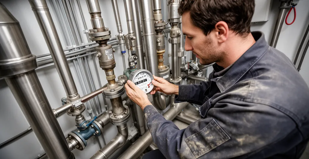 Technicien inspectant un compteur gaz industriel pour analyser la consommation entreprise