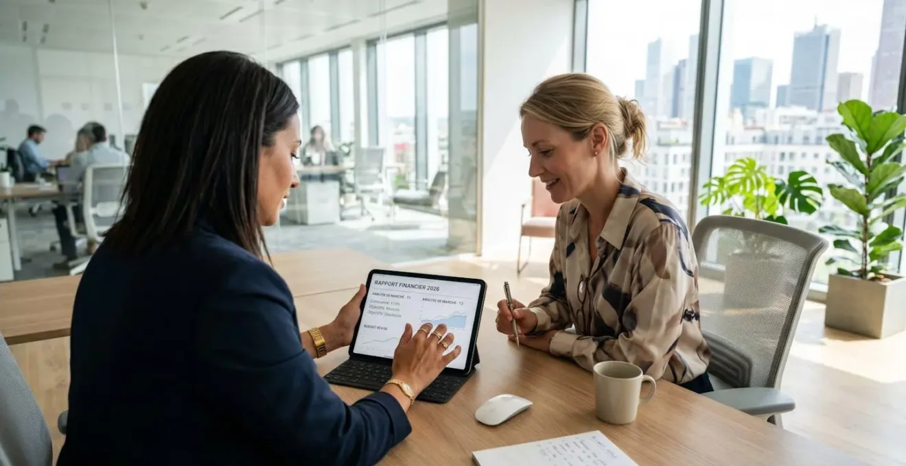 Deux professionnels assis côte à côte dans un bureau moderne analysent des documents sur une tablette