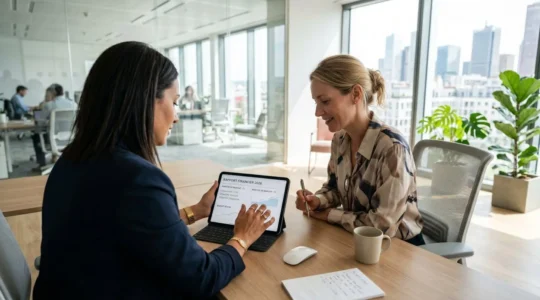 Deux professionnels assis côte à côte dans un bureau moderne analysent des documents sur une tablette