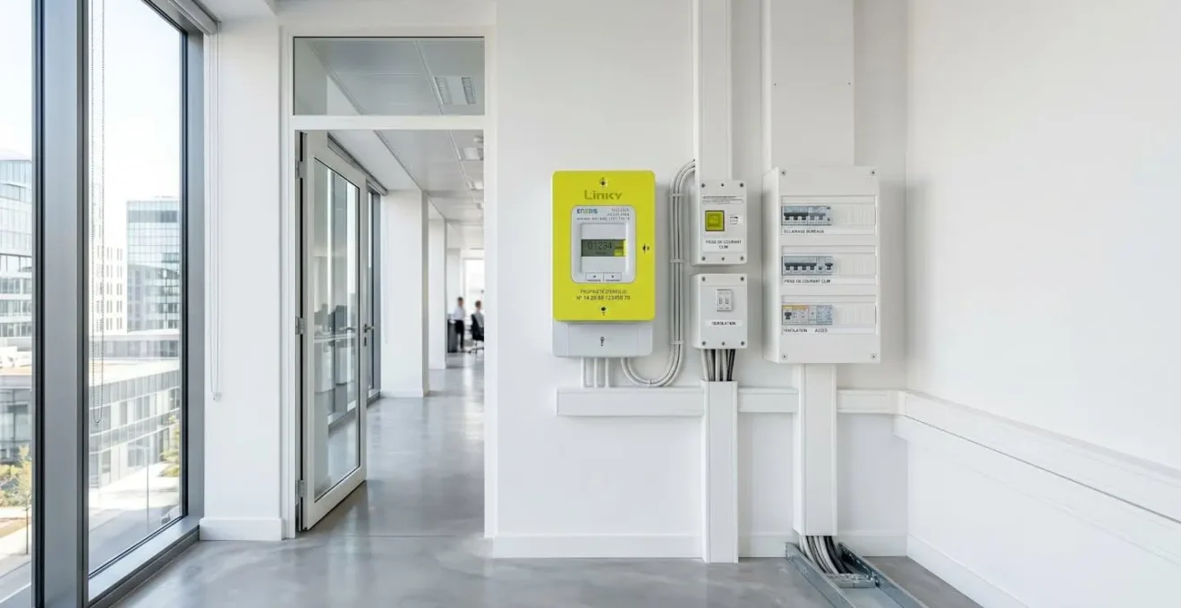 Compteur électrique Linky blanc monté sur un mur blanc dans un environnement de bureau contemporain