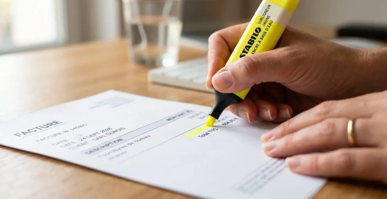 Gros plan d'une main tenant un stylo surligneur jaune marquant des lignes sur un document de facture posé sur un bureau en bois clair