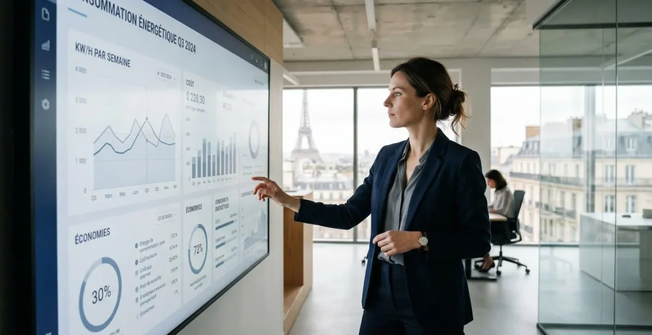 Responsable financier d'entreprise analysant des données de consommation électrique sur un tableau de bord numérique dans un bureau moderne
