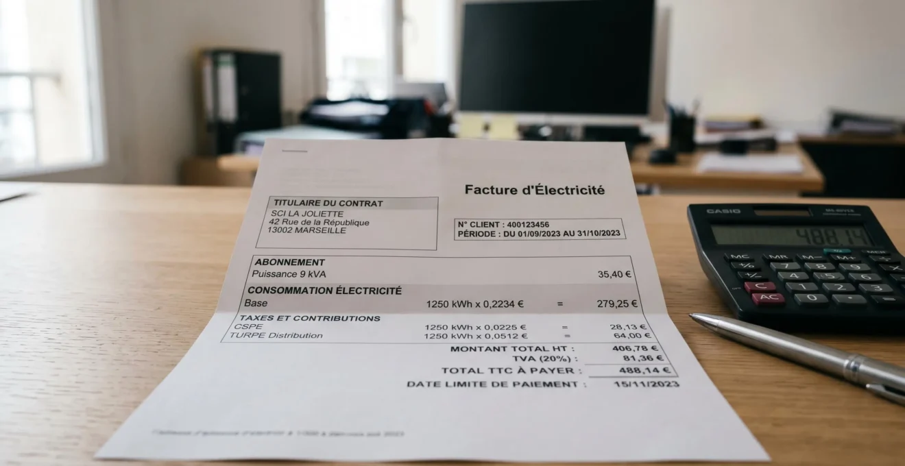Facture d'électricité professionnelle détaillée posée sur un bureau avec calculatrice, montrant les lignes tarifaires TURPE et CSPE