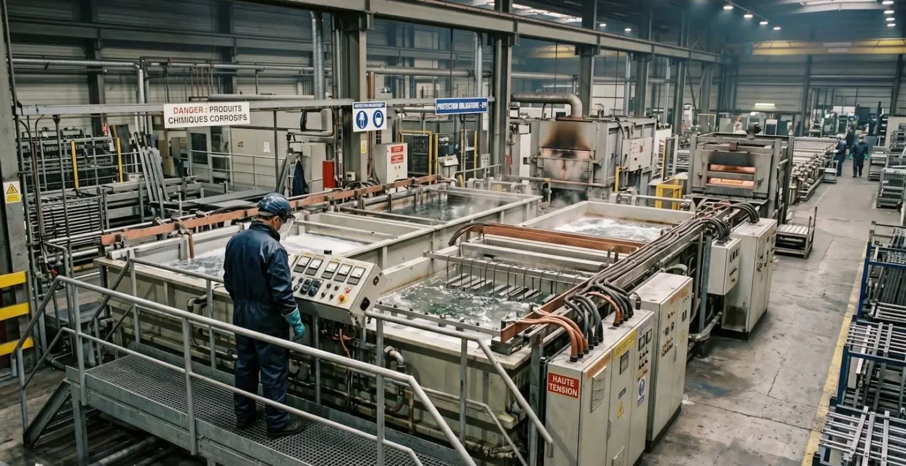 Ouvrier surveillant des cuves d'électrolyse dans un atelier de traitement de surface industriel, installations électriques haute puissance visibles