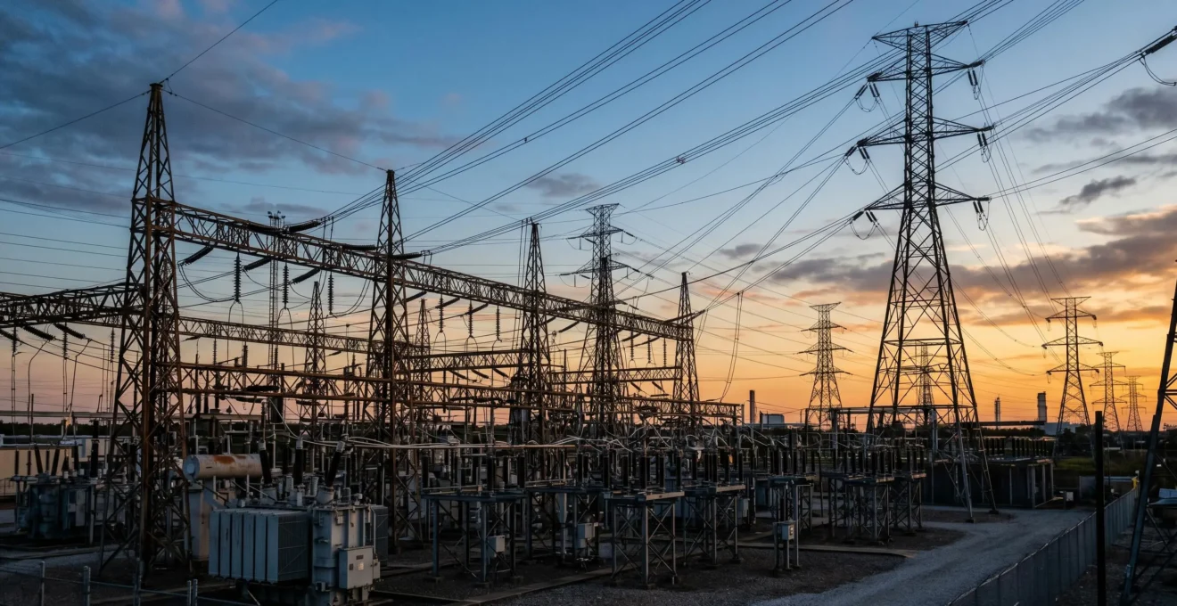 Poste électrique haute tension RTE au crépuscule avec lignes de transport et transformateurs, illustrant l'infrastructure de distribution d'électricité en France