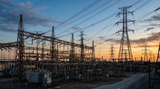 Poste électrique haute tension RTE au crépuscule avec lignes de transport et transformateurs, illustrant l'infrastructure de distribution d'électricité en France
