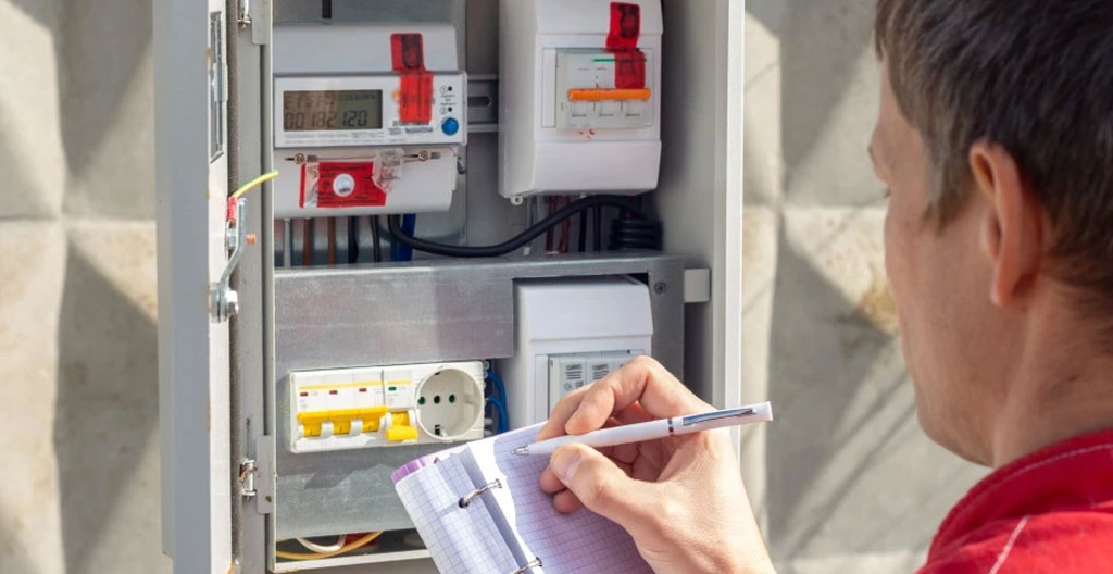 Technicien vérifiant un disjoncteur de branchement sur la façade d'un bâtiment industriel PME, étiquette de puissance souscrite kVA visible
