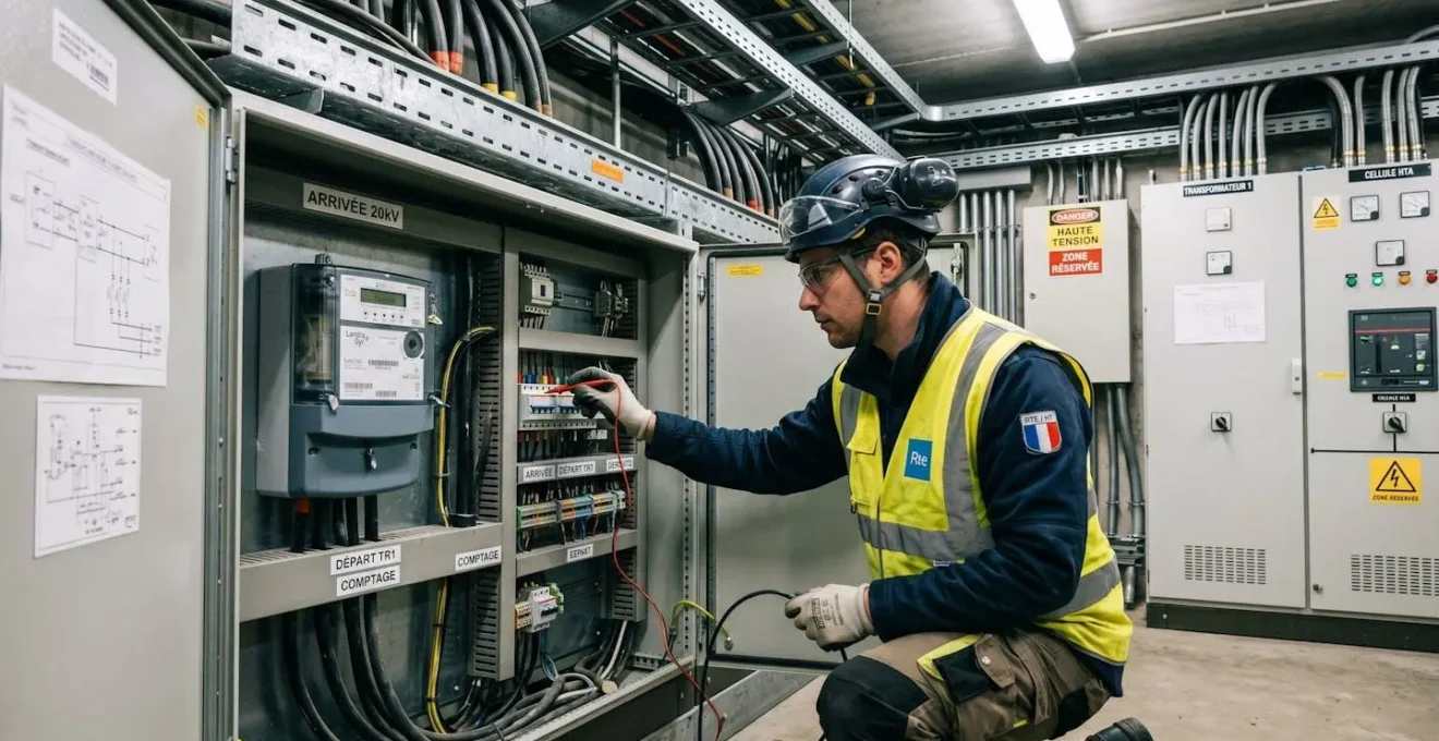 Technicien inspectant un compteur électrique professionnel triphasé dans un local technique industriel, armoires électriques et câblages visibles en arrière-plan