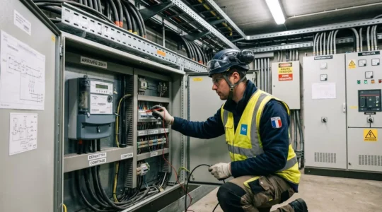 Technicien inspectant un compteur électrique professionnel triphasé dans un local technique industriel, armoires électriques et câblages visibles en arrière-plan