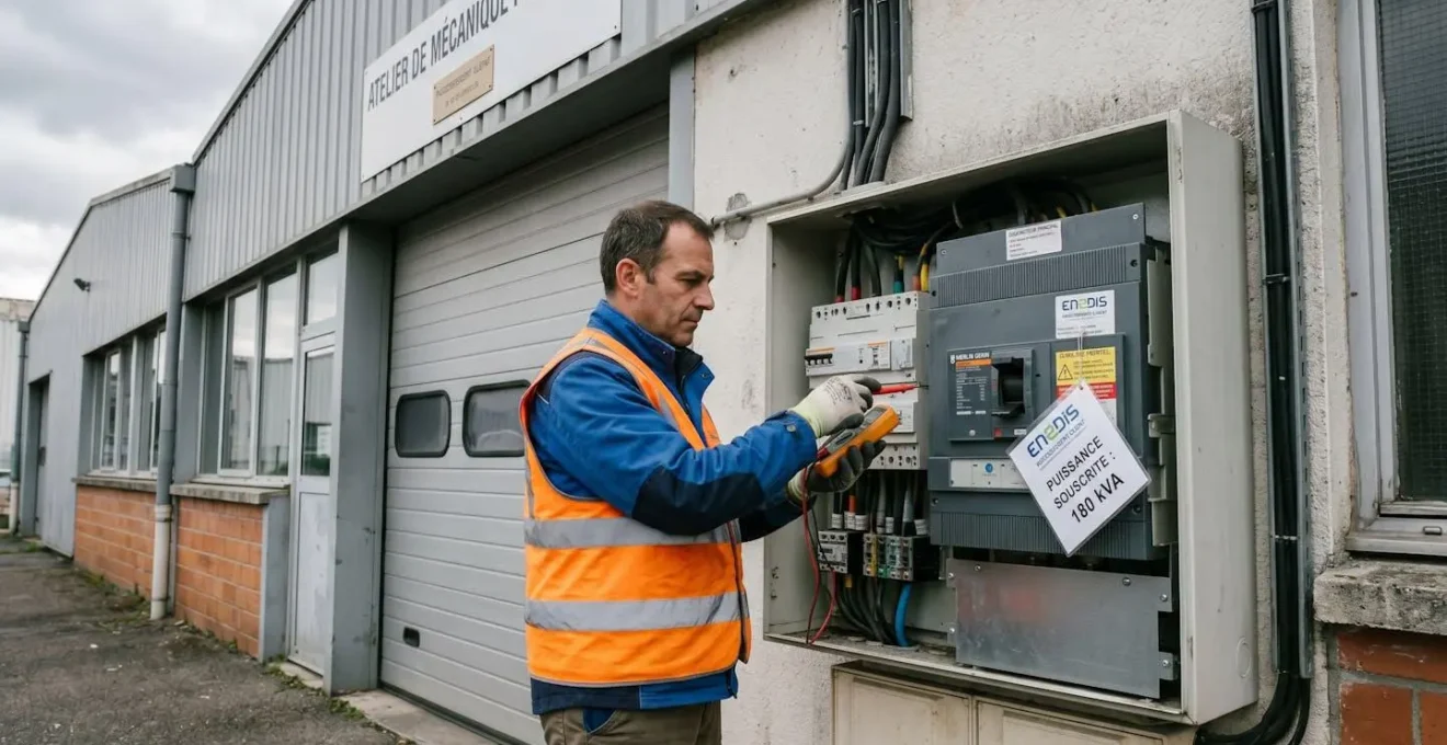 Technicien vérifiant un disjoncteur de branchement sur la façade d'un bâtiment industriel PME, étiquette de puissance souscrite kVA visible