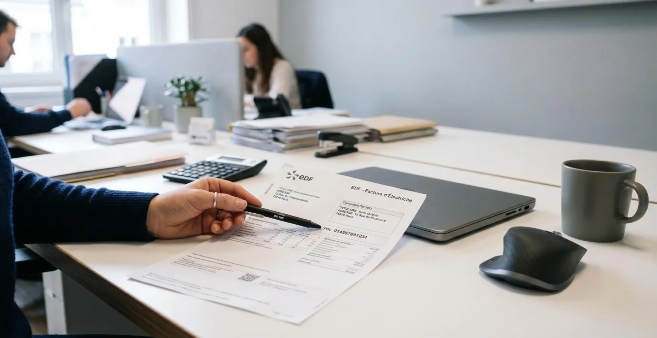Bureau professionnel avec facture d'électricité ouverte, main pointant vers le numéro PDL, calculatrice et documents administratifs en arrière-plan