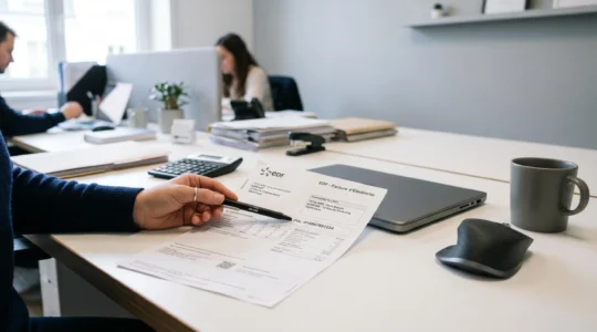 Bureau professionnel avec facture d'électricité ouverte, main pointant vers le numéro PDL, calculatrice et documents administratifs en arrière-plan