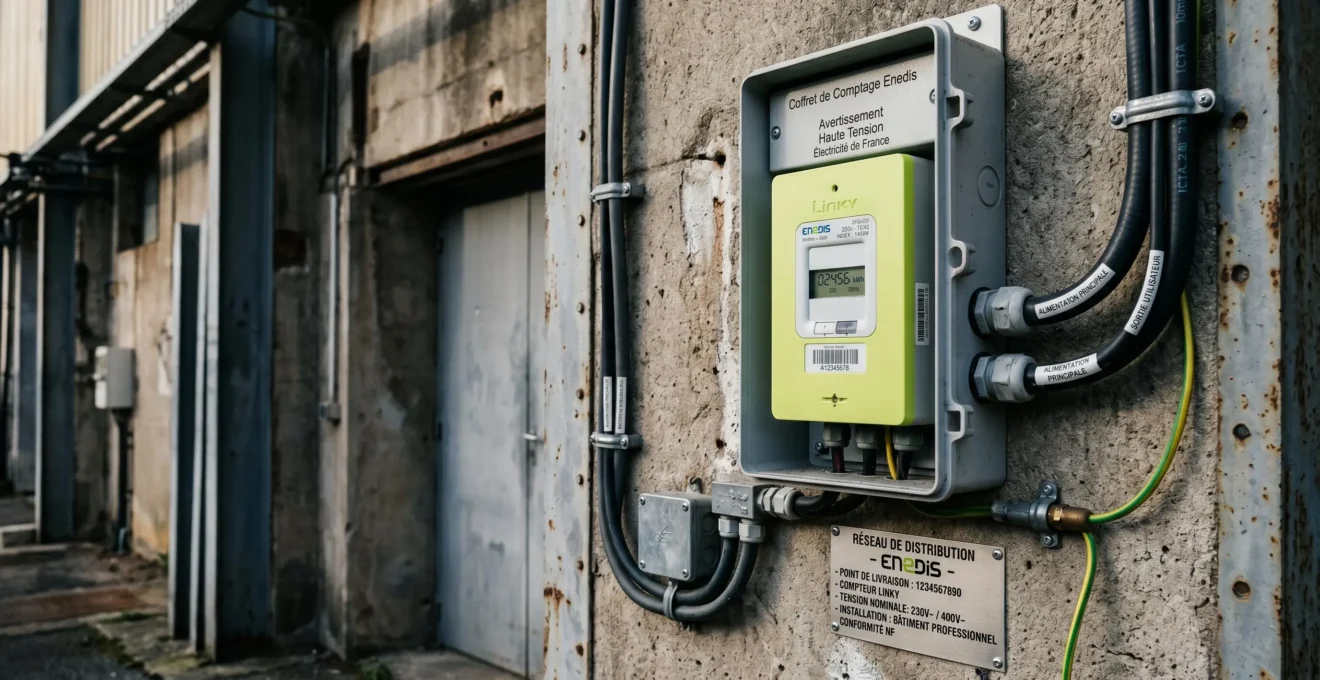 Compteur Linky installé sur mur externe de bâtiment professionnel avec câblages et plaque Enedis