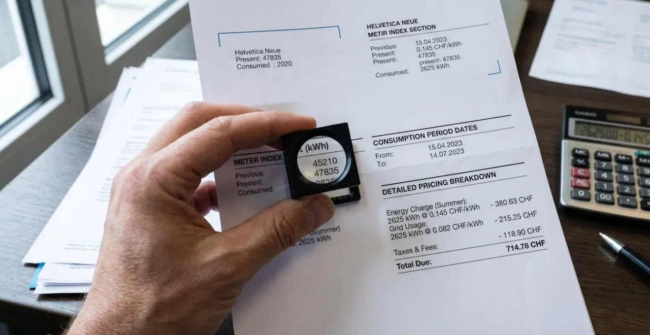 Facture d'électricité professionnelle détaillée avec index de compteur, période de consommation et détail des montants