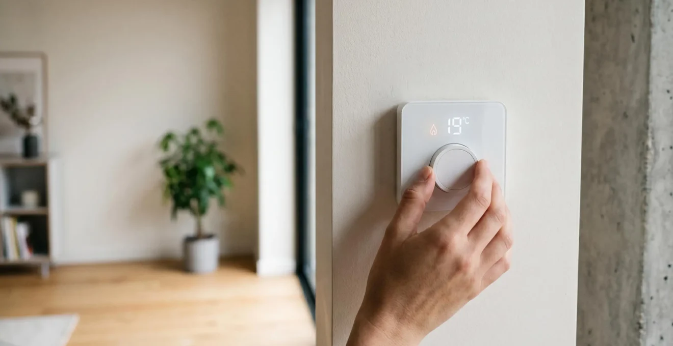 Main réglant un thermostat mural digital affichant 19°C dans un salon contemporain français