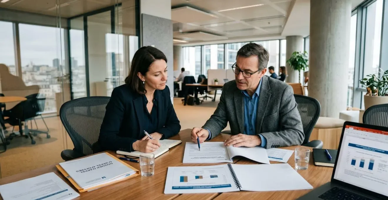 Réunion de consultation entre dirigeant d'entreprise et consultant en énergie dans un bureau moderne, avec documents de mise en concurrence sur la table