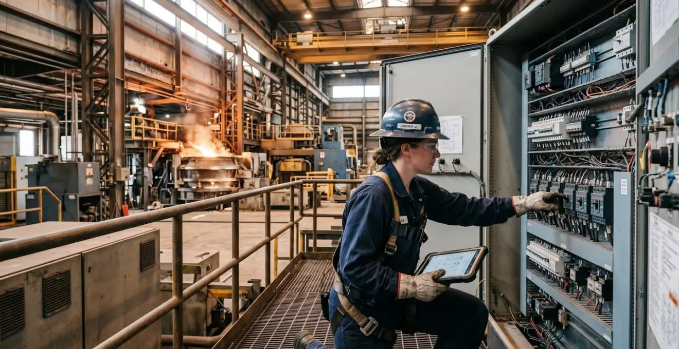 Technicien en tenue de sécurité consultant un tableau électrique industriel dans une usine métallurgique moderne, illustrant les activités industrielles éligibles à l'exonération CSPE