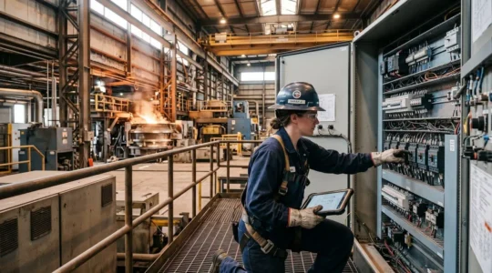 Technicien en tenue de sécurité consultant un tableau électrique industriel dans une usine métallurgique moderne, illustrant les activités industrielles éligibles à l'exonération CSPE