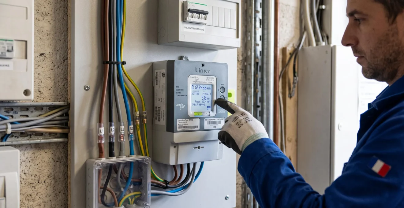 Compteur électrique professionnel moderne installé dans une entreprise affichant des données de consommation énergétique