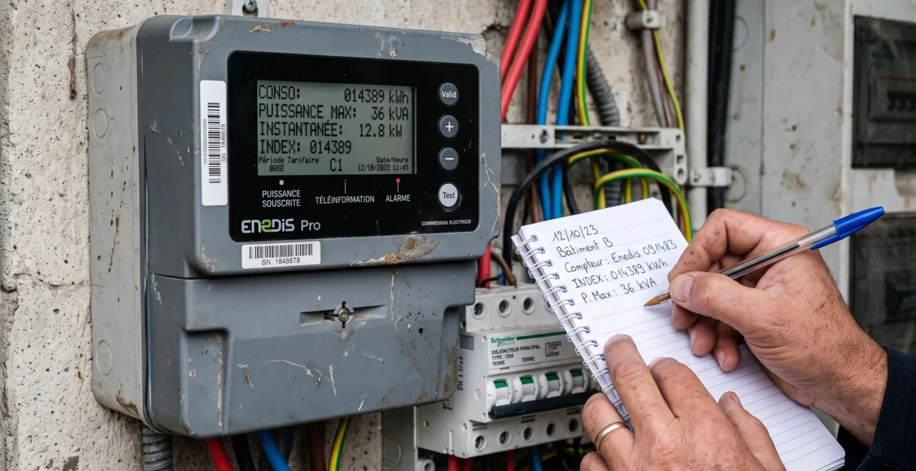 Gros plan sur un compteur électrique professionnel avec la main d'un technicien relevant les données de consommation
