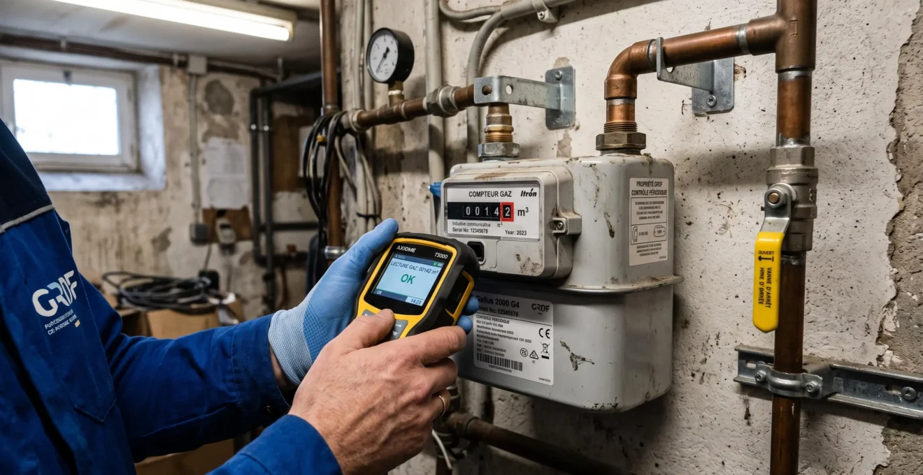 Compteur de gaz naturel avec technicien effectuant un relevé de consommation dans un local technique