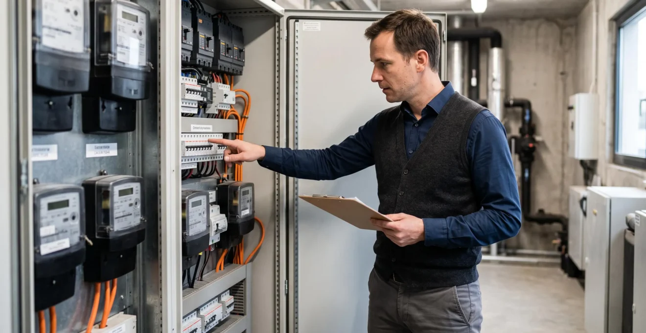 Courtier en énergie inspectant un tableau électrique industriel dans le local technique d'une PME lyonnaise