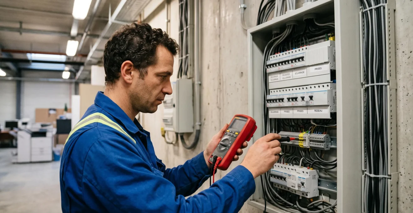 Électricien inspectant un tableau électrique professionnel avec un multimètre numérique dans un local technique d'entreprise