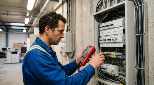Électricien inspectant un tableau électrique professionnel avec un multimètre numérique dans un local technique d'entreprise