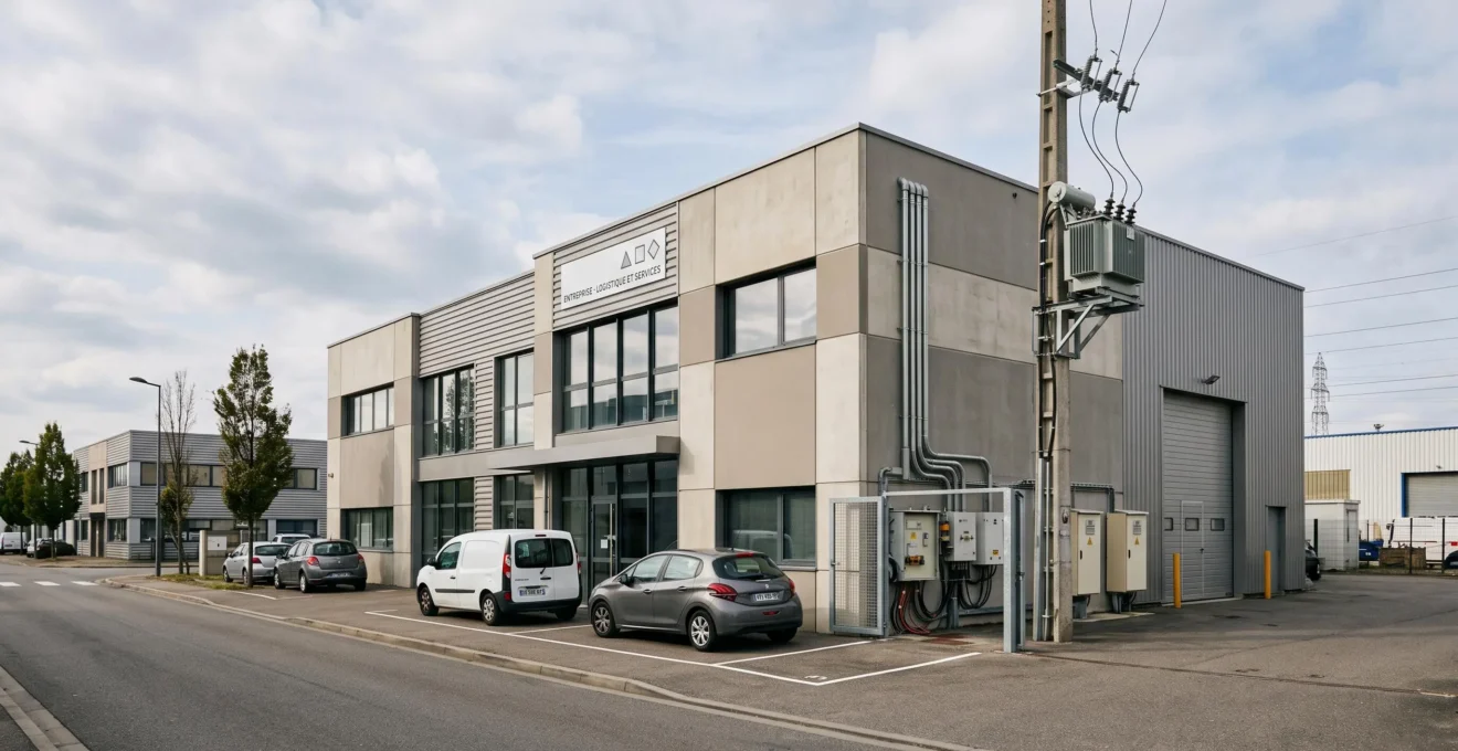 Façade d'une PME dans une zone d'activité lyonnaise avec installations électriques extérieures visibles