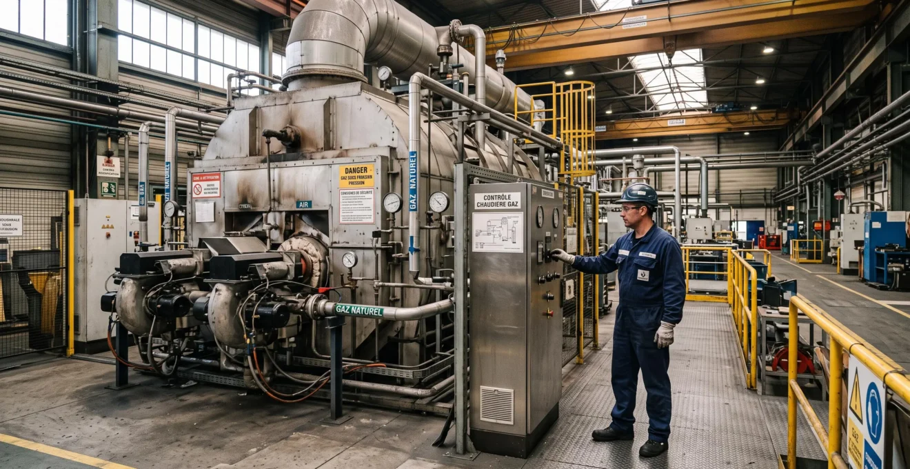 Installation industrielle de chauffage au gaz naturel dans une usine française avec opérateur contrôlant l'équipement