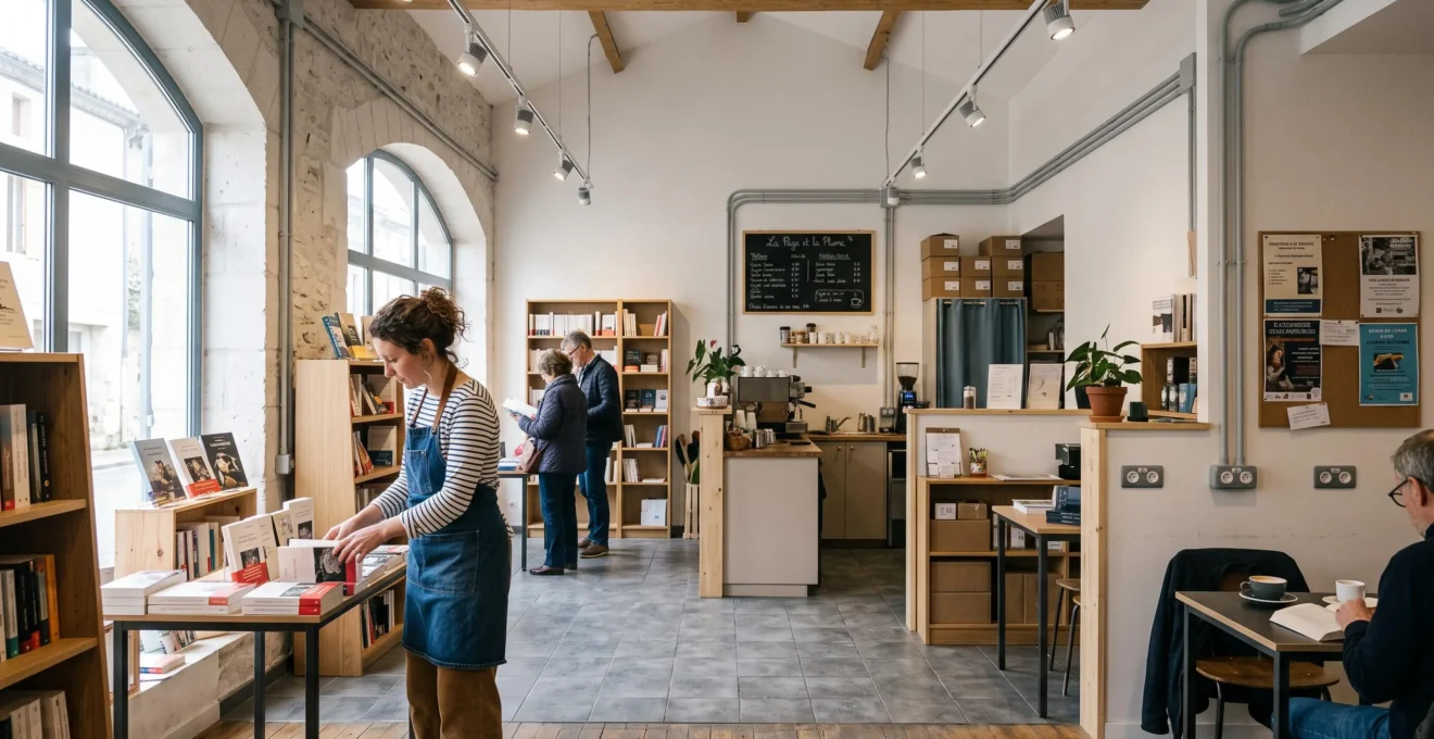 Intérieur d'un petit local commercial français avec un professionnel en activité et installations électriques visibles