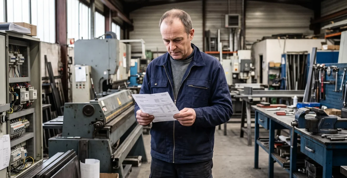 Responsable d'entreprise examinant une facture d'électricité dans son atelier de production avec équipements industriels en arrière-plan