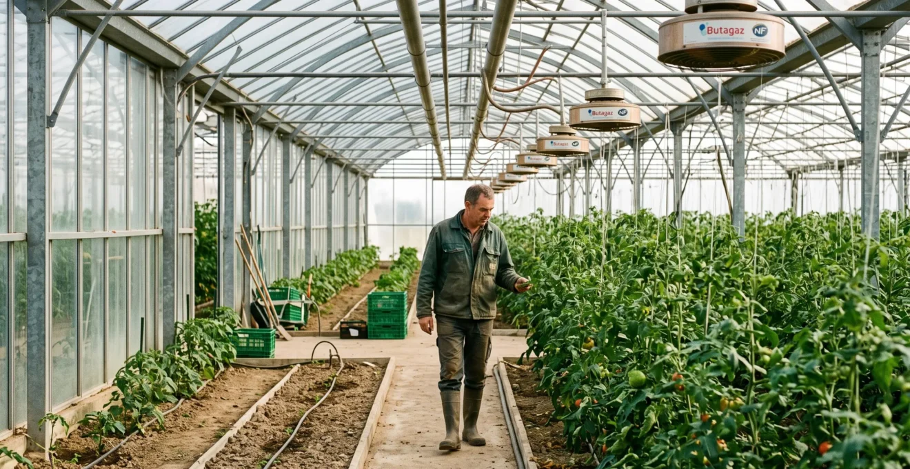 Agriculteur dans une serre chauffée au gaz naturel avec système de chauffage visible et cultures en production