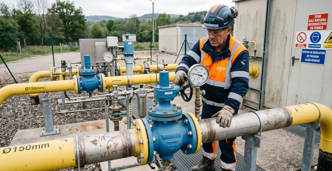 Technicien inspectant une station de régulation de gaz naturel avec vannes et tuyauterie industrielle