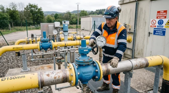 Technicien inspectant une station de régulation de gaz naturel avec vannes et tuyauterie industrielle