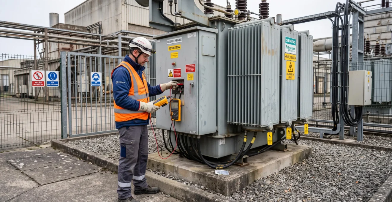 Technicien électricien inspectant un transformateur commercial de grande puissance sur un site industriel français