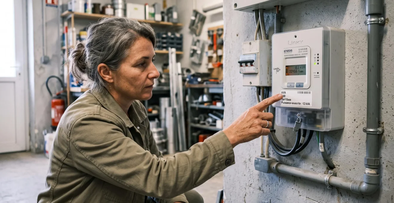 Une responsable de site s'accroupit à côté d'un compteur électrique et montre l'étiquette indiquant la puissance en kVA.