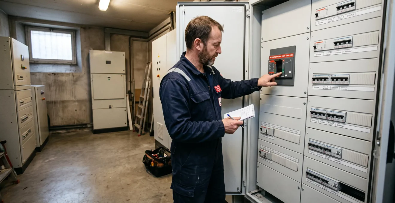 Un électricien relève la puissance inscrite sur le disjoncteur principal d'un tableau électrique triphasé dans la salle technique d'un bâtiment commercial.