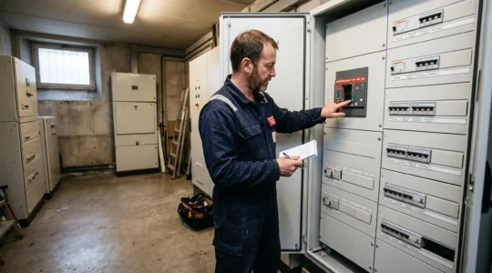 Un électricien relève la puissance inscrite sur le disjoncteur principal d'un tableau électrique triphasé dans la salle technique d'un bâtiment commercial.